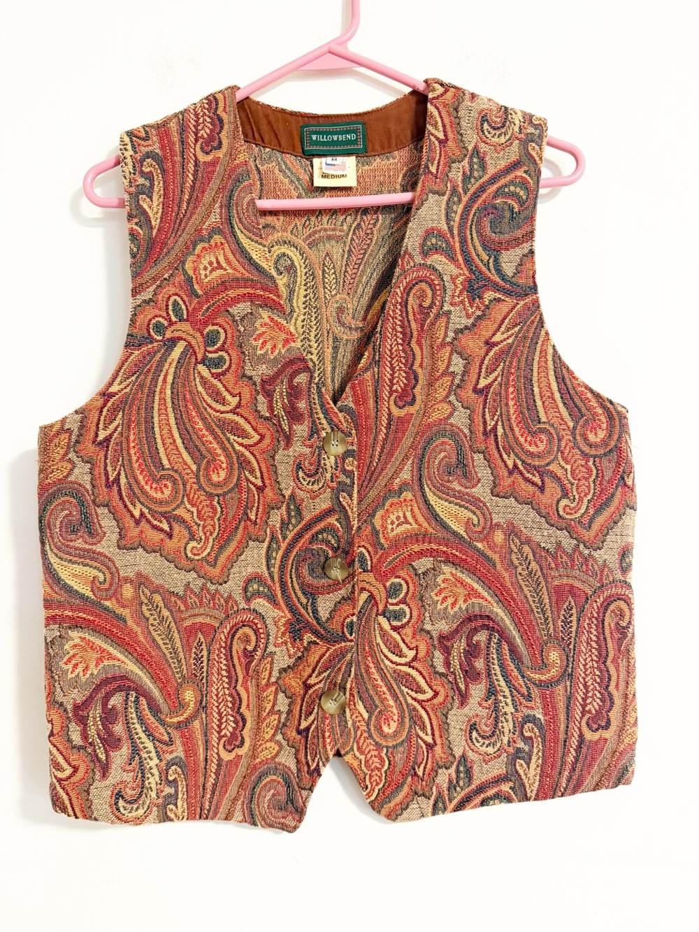 Vintage Willowbend Paisley Tapestry Vest M USA Made Boho Lagenlook Red Tan